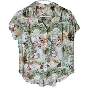Jane + Delancey Button-Up Whimsy Butterfly Map Nature Celestial Cat Top Blouse S